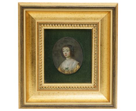 English School (18th Century): Portrait of a Lady - Possibly Henrietta Maria, miniature oil on copper unsigned, 7cm x 6cm 
