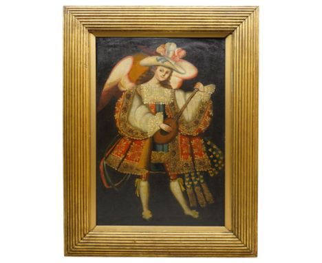 Cuzco School (Peruvian Colonial 19th century): Full Length Portrait of an Archangel Playing a Lute in Gilt Robes, oil on canv