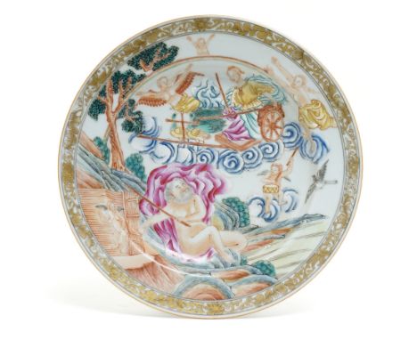 Qing dynasty famille rose dish, after Francesco Albani, painted with an unusual mythological scene depicting Hera seated in a