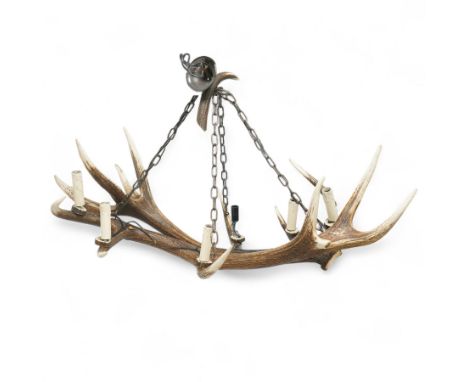 Deer Antler Chandelier, with six fitted lights, with supporting ceiling fitted chain, W106cm