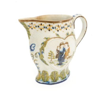 Prattware jug bearing initials JB and dated 1796, moulded with 'Mischievous Sport' and 'Sportive Innocence' pattern, painted 