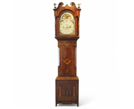 Flathers of Halifax-Late Victorian 8-day mahogany longcase clock c1860, with a swan neck pediment and three ball and eagle br