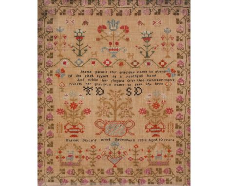 William IV sampler by Harriot Dixon aged 10, dated November 8th 1834, finely worked with religious verse 'Jesus permit thy gr