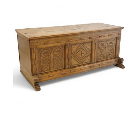 18th century and later vernacular style blanket chest, the rectangular hinged top above three geometric diamond motif carved 