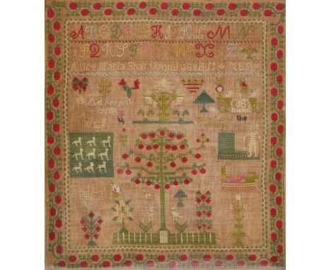 Victorian sampler by Alice Maria Sherwood aged 11, dated 1865, finely worked with religious scenes of 'Abel keeping sheep' an