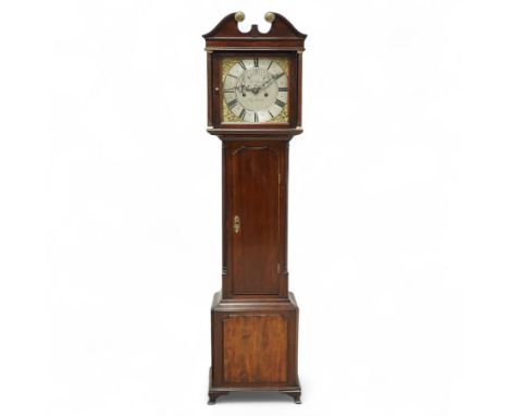 Bespoke-miniature mahogany longcase clock, with a swans necked pediment and brass patera, square hood door flanked by reeded 