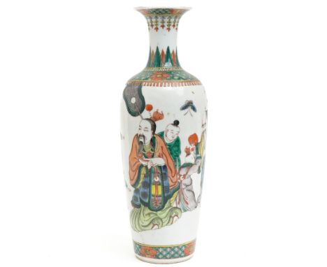 Chinese Kangxi famille verte vase of baluster form with fluted rim, decorated with sage and attendants within a trellis borde