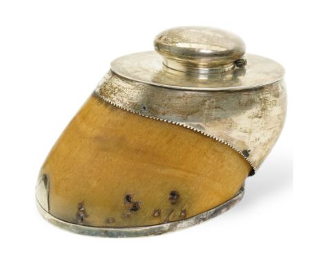Edwardian silver mounted horses hoof inkwell, engraved 'Mickie' with hinged cover Sheffield 1904 Maker Walker & Hall