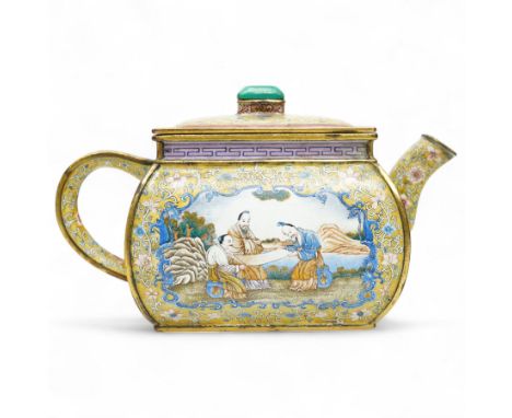 Chinese Qianlong enamel bombé shaped teapot, decorated with scenes of scholars examining a scroll and drinking on a yellow gr