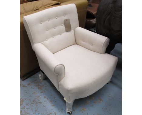 BUTTON BACK CLUB CHAIRS, a pair, in oatmeal fabric with front castors, 67cm x 81cm H x 69cm. (2)