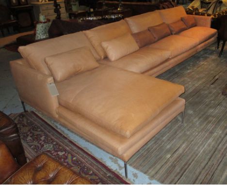 ZANOTTA CORNER SOFA, in tanned leather on tubular metal supports with six scatter cushions, 359cm x 161cm. 