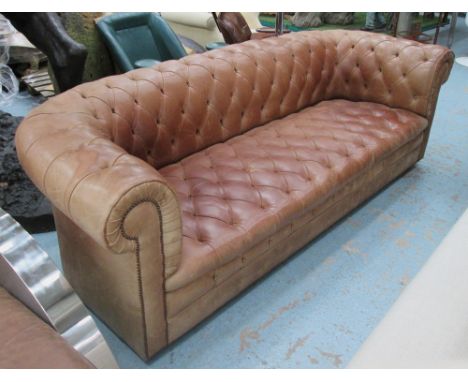 CHESTERFIELD SOFA, in buttoned tan leather, 85cm x 77cm H x 235cm.