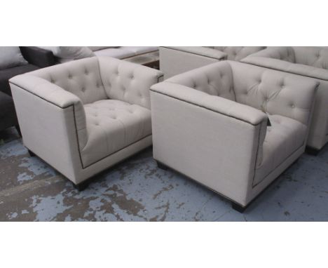ARMCHAIRS, a pair, in cream button back with buttoned arms on square supports, 94cm W. (2)