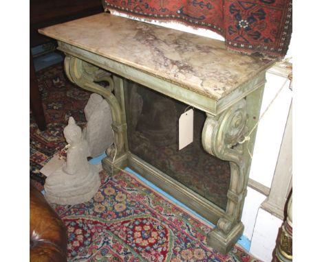 CONSOLE TABLE, 19th century painted with scroll supports, marble top and mercury mirror back, 91cm H x 91cm x 35cm.