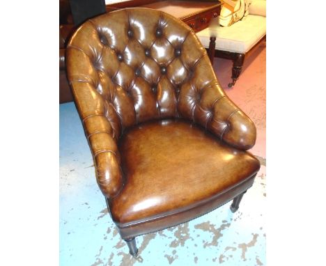 LIBRARY ARMCHAIR, Regency style faded tan brown leather with rounded deep button upholstered back. 