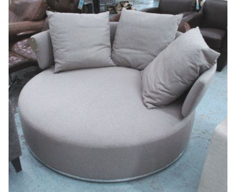 B&B ITALIA SOFA, circular, on swivel base in beige fabric with three scatter cushions, 165cm diam. 