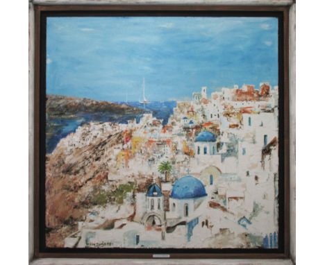 KEN DAVIS, Santorini, mixed media on panel, 102cm x 102cm framed and signed. 