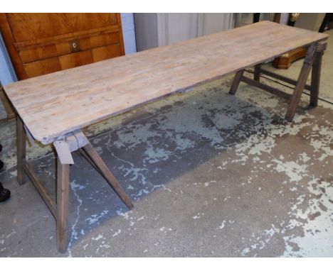 TRESTLE TABLE, vintage rectangular planked pine on twin trestle supports, 245cm x 69cm x 73cm H. 