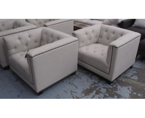 ARMCHAIRS, a pair, in cream button back with buttoned arms on square supports, 94cm W. (2)
