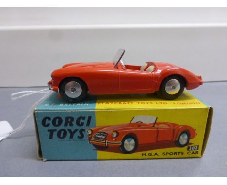 Boxed Corgi 302 MGA Sports Car in red, diecast excellent, windscreen excellent, box gd, with paperwork