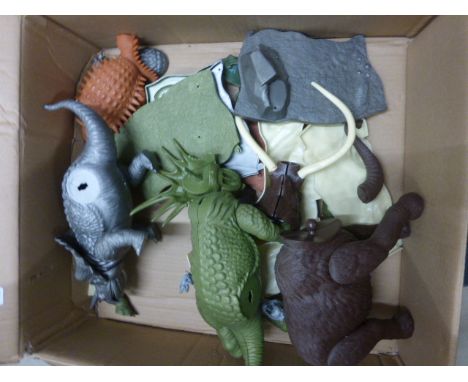 Group of vintage plastic Aurora Dinosaurs figures 1972 to include Woolly Mammoth, Ankylosaurus etc