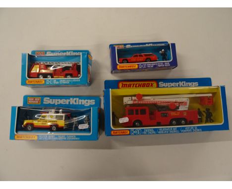 Four boxed Matchbox Super Kings fire vehicles to include K-39 Snorkel Fire Engine, K-9 Fire Tender, K-67 Dodge Monaco Fire Ch