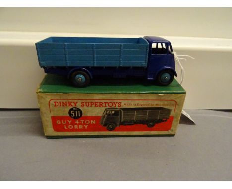 Boxed Dinky Supertoys 511 Guy 4-Ton Lorry with dark blue cab and light blue trailer with light blue hubs, vg