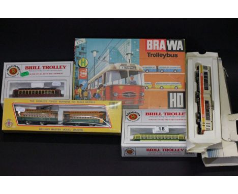 Collection of boxed HO gauge model railway to include Bachmann Brill Trolley x 2 (variants), Walthers Rapid Transit Powered C