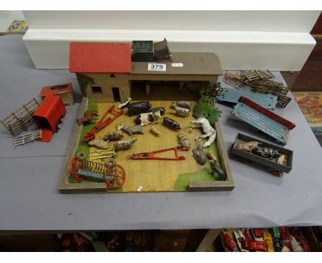 Quantity of vintage metal Britains & Crescent farm animals and vehicles plus farmyard