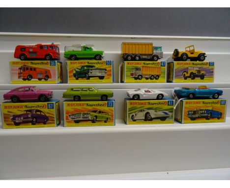 Eight boxed Matchbox Superfast 75 Series diecast vehicles to include 73 Mercury Commuter in metallic lime green, 72 Standard 