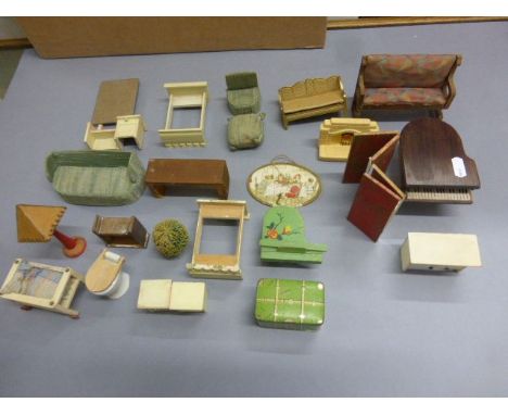 Excellent collection of vintage dolls house furniture and accessories plus dolls