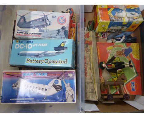 Collection of vintage toys to include boxed Lufthansa DC-10 Jet Plane battery operated, boxed Mechanical Army Air Transport H