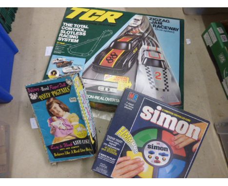 Three vintage boxed toys & games to include Ideal TCR Racing slot car set, MB Simon and Palitoy Puppet Doll