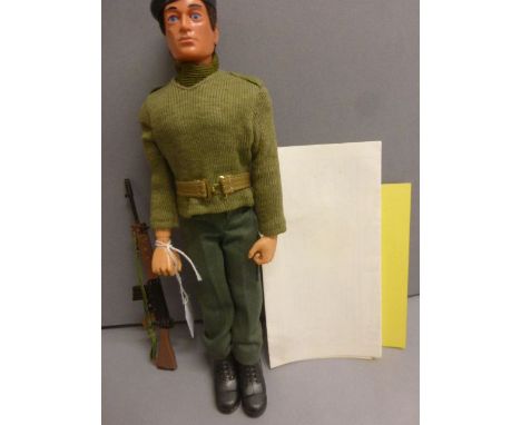 Vintage Palitoy Action Man Soldier doll with eagle eyes, gripping hands, weapon, paperwork, gd condition