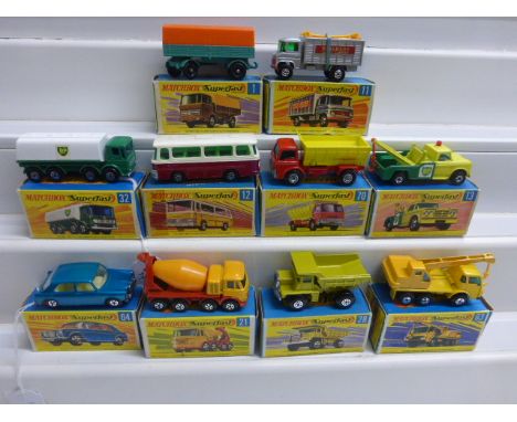 10 Boxed Matchbox Superfast 75 Series diecast vehicles to include 21 Foden Concrete Truck, 28 Mack Dump Truck, 11 Scaffolding