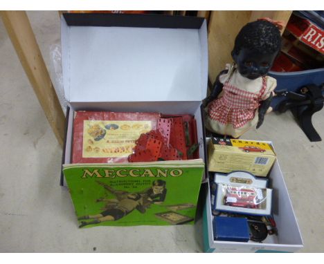 Mixed group of vintage toys to include Meccano, black doll c 1950's, boxed Vanguards and Oxford diecast vehicles