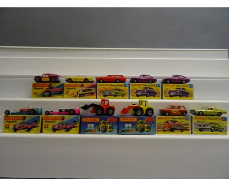 11 Boxed Matchbox Superfast 75 Series diecast vehicles to include 64 Slingshot Dragster x 2 in blue & pink, 29 Tractor Shovel