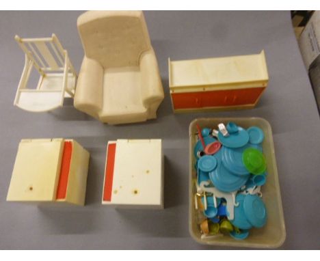 Group of vintage Sindy doll accessories to include wardrobe, armchair, baby's chair, clothing etc