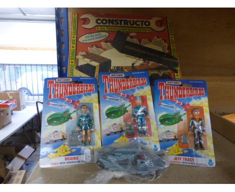 Boxed Marx Bulldozer Powerhouse Earthmovers, boxed Constructo 7 construction Set and 3 x carded Matchbox Thunderbirds figures
