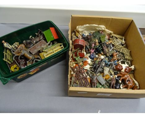 Collection of vintage metal farm animals, mainly Britains, play worn to include accessories, fencing, huts, etc