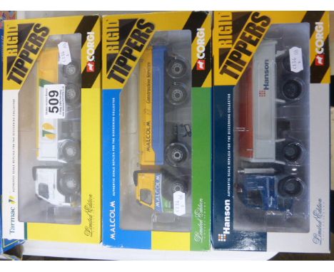 Three boxed Corgi ltd edn 1:50 Rigid Tippers to include CC11804 Hanson, CC13502 Tarmac and CC13504 Malcolm all with certifica