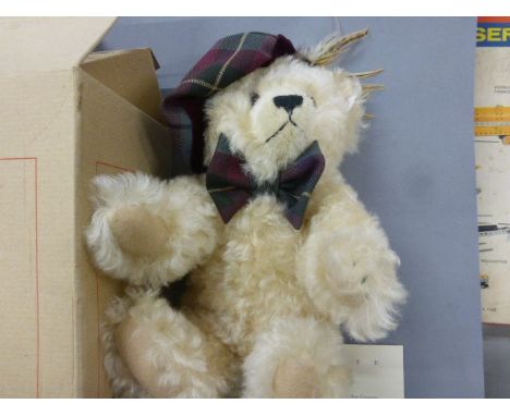 Boxed Steiff teddy bear, Scottish Teddy Bear 2001 in white 32cm tall limited edition with certificate