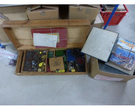 Collection of vintage Mecanno in wooden box featuring various accessories and colours, boxed Accessory Outfit 5a, motor plus 