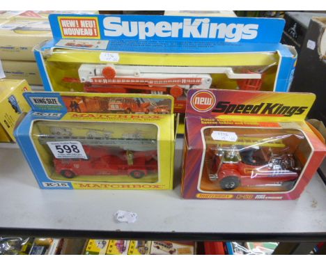 Three boxed Matchbox fire engines to include K-39 Super Kings, King Size K-15 Merryweather Fire Engine and Speed Kings K-53 H