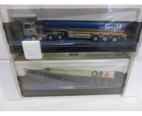 Two cased Corgi Modern Trucks petrol tankers to include 75101 ERF Tanker Gulf Oil and 75301 Leyland DAF Tanker Q8 both sealed