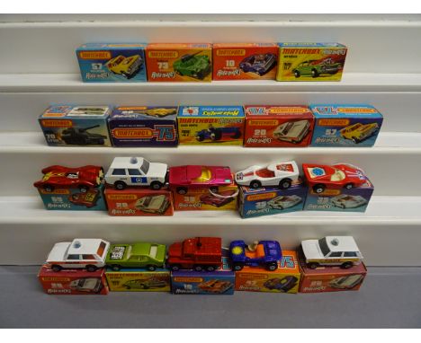 19 Boxed Matchbox Rolamatics 75 Series diecast vehicles to include 47 Beach Hopper x 2 both in purple, 20 Police Patrol x 4, 