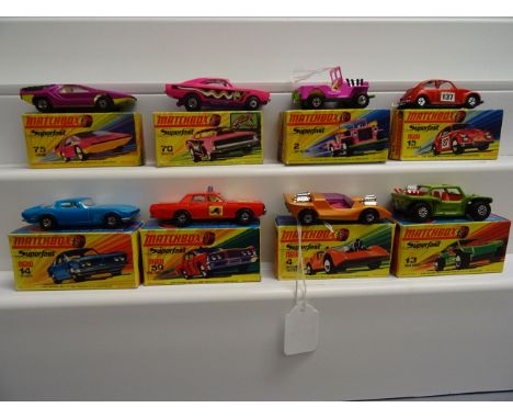 Eight boxed Matchbox 75 Series diecast vehicles featuring Superfast to include 70 Dodge Dragster in pink, 4 Gruesome Twosome 