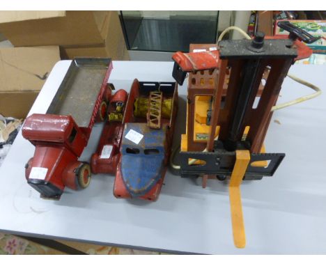 Three vintage tin plate vehicles to include fire engine, truck with custom text and Arrow Special Delivery Truck plus a r/c F