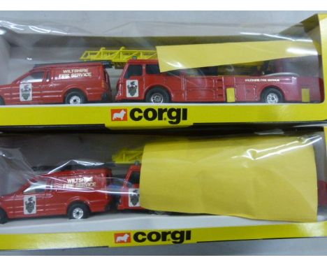 Two boxed ltd edn Corgi diecast Wiltshire Fire Brigade Dennis Turntable Ladder and Ford Escort Utility Vehicle set both with 