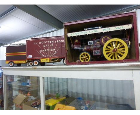 Scratch built wooden model of a steam engine in case plus two trailer boxes with painted Calne decals, engine part approx 20"